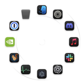 CircleDuck running on macOS, with twelve apps arranged around its native glass ring.